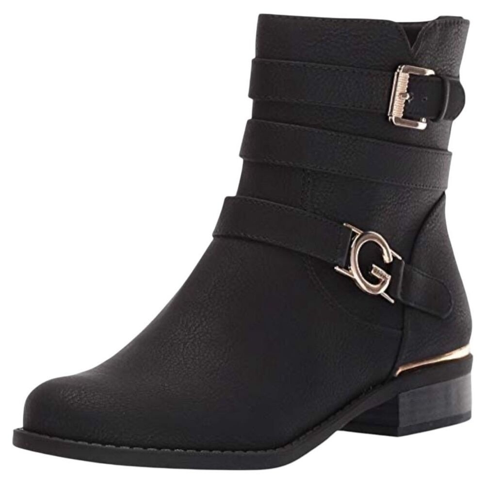 G by GUESS Harlin Moto Ankle Boots Women 9.5 Black Gold Buckle Straps - Picture 4 of 10